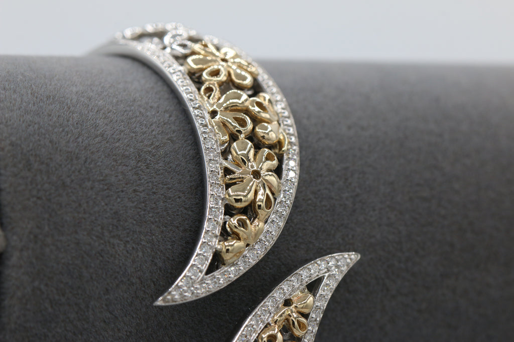 Two-Toned Floral Bypass Bracelet in 14KT Yellow Gold and Sterling Silver ( 0.32ct tw dia )