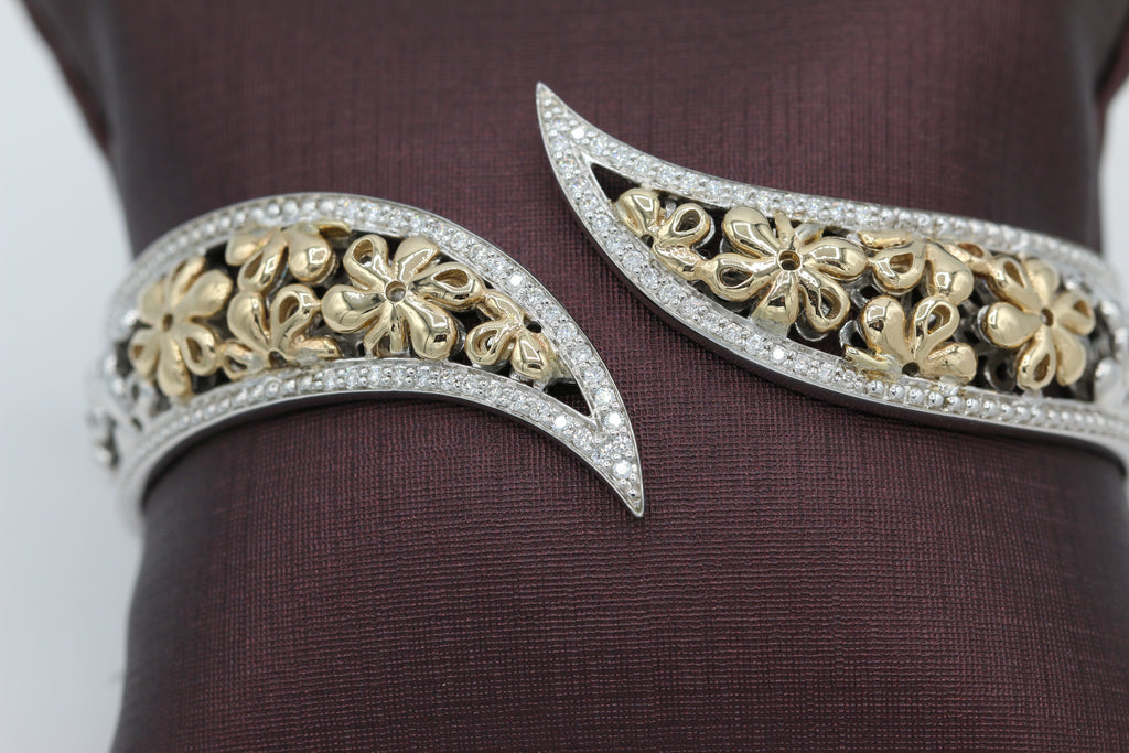Two-Toned Floral Bypass Bracelet in 14KT Yellow Gold and Sterling Silver ( 0.32ct tw dia )