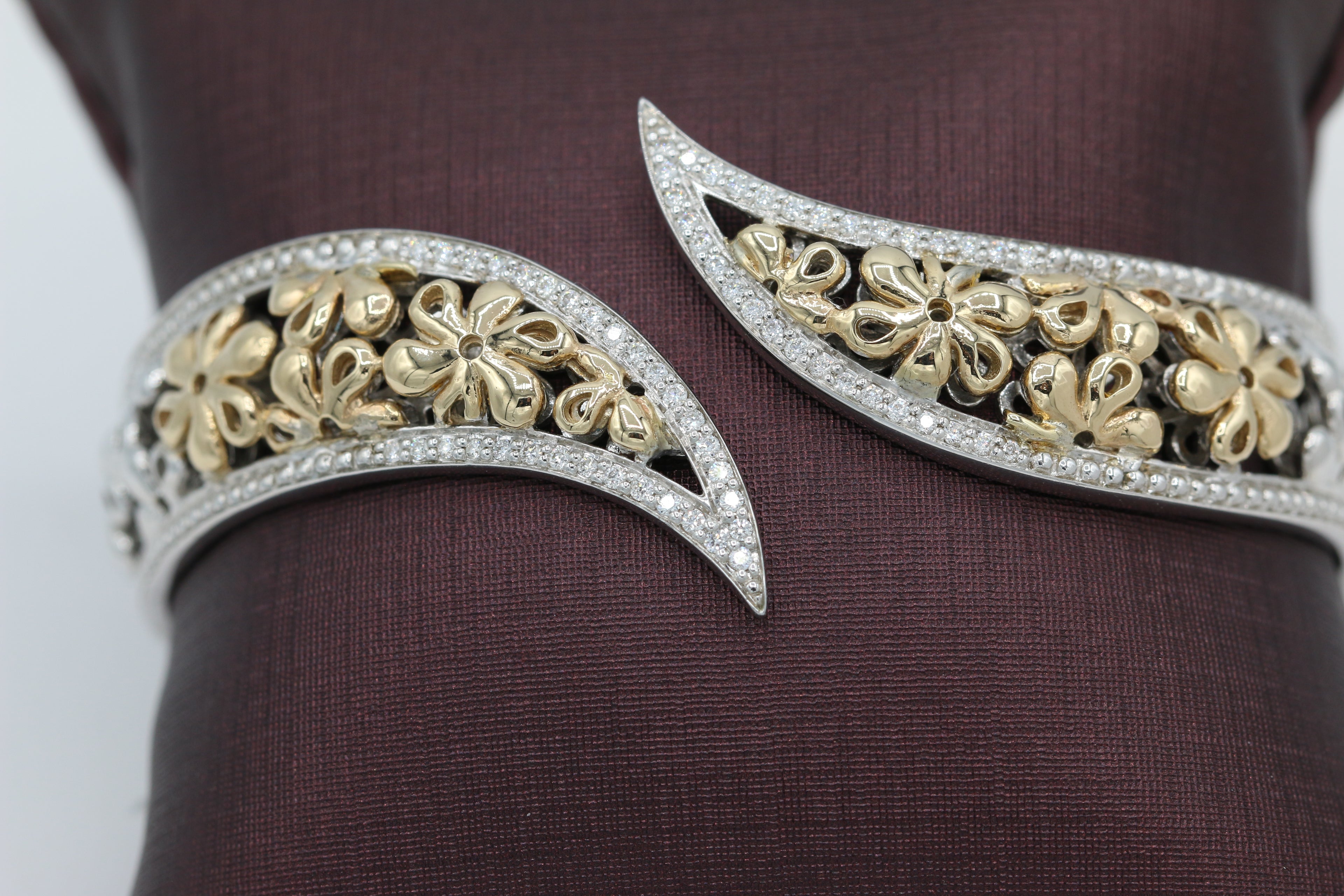 Two-Toned Floral Bypass Bracelet in 14KT Yellow Gold and Sterling Silver ( 0.32ct tw dia )