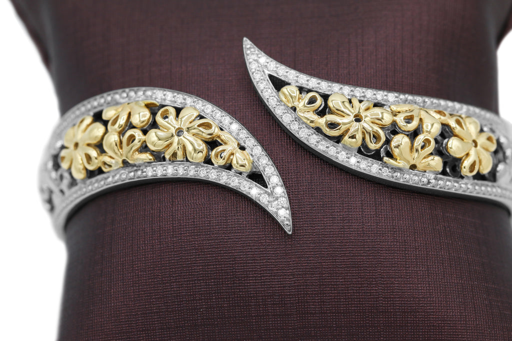 Two-Toned Floral Bypass Bracelet in 14KT Yellow Gold and Sterling Silver ( 0.32ct tw dia )