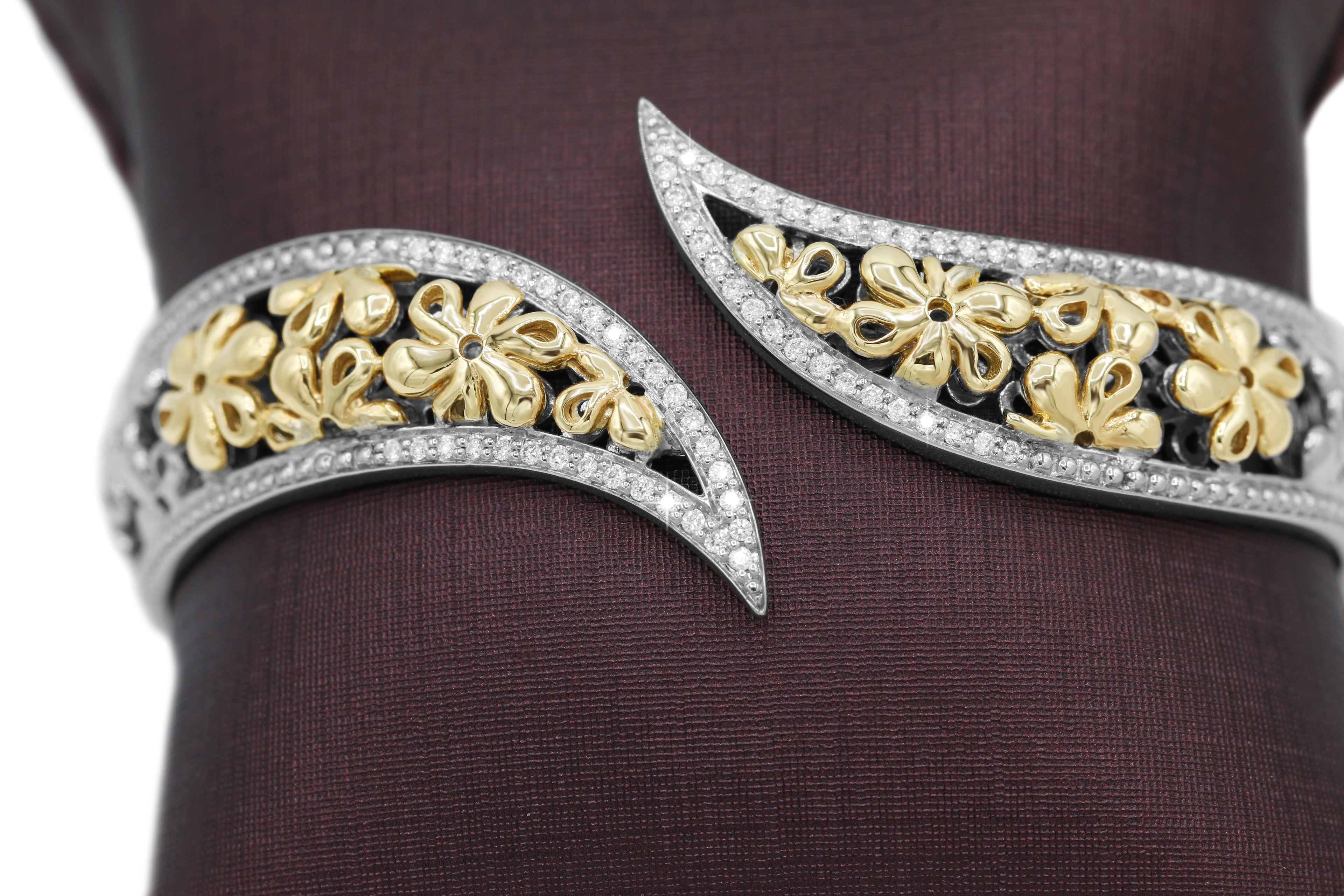 Two-Toned Floral Bypass Bracelet in 14KT Yellow Gold and Sterling Silver ( 0.32ct tw dia )