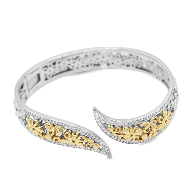 Two-Toned Floral Bypass Bracelet in 14KT Yellow Gold and Sterling Silver ( 0.32ct tw dia )