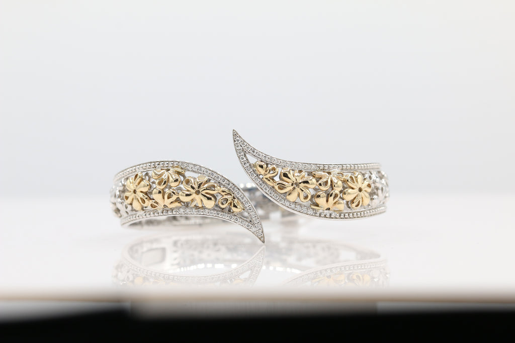 Two-Toned Floral Bypass Bracelet in 14KT Yellow Gold and Sterling Silver ( 0.32ct tw dia )