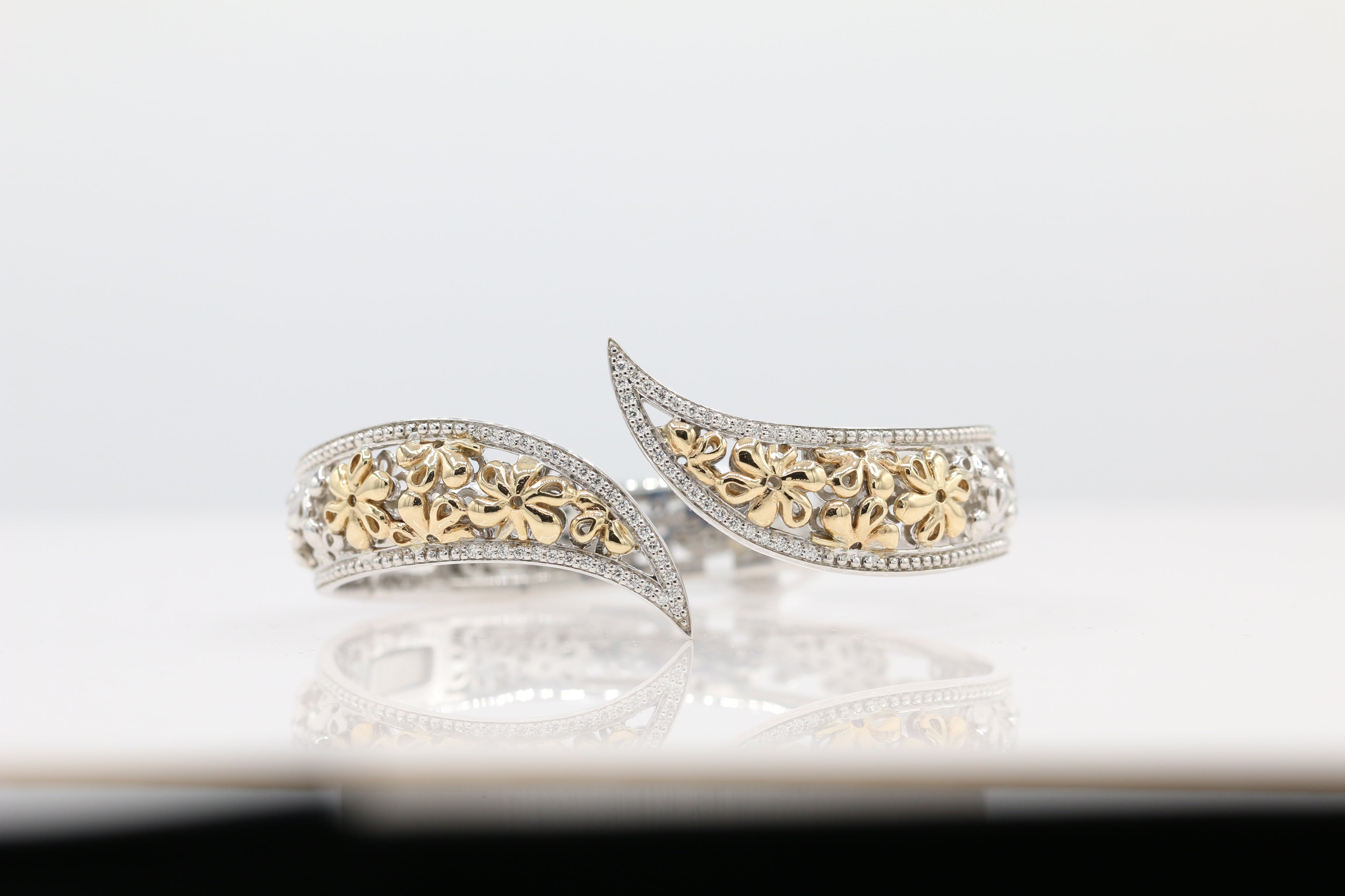 Two-Toned Floral Bypass Bracelet in 14KT Yellow Gold and Sterling Silver ( 0.32ct tw dia )