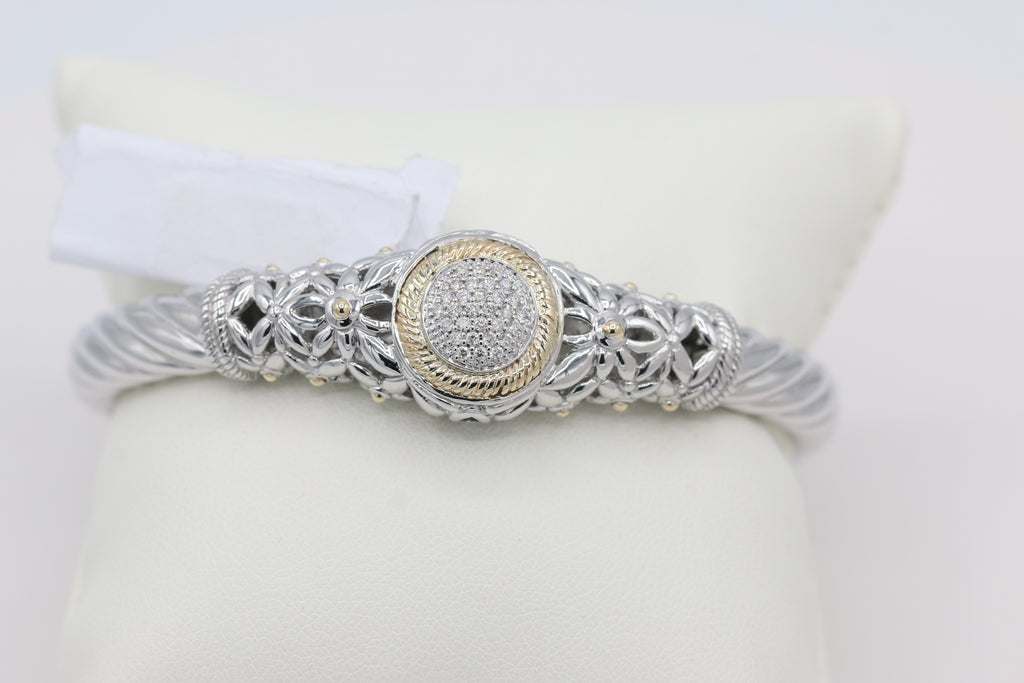 Two-Toned Diamond Cluster Bangle in 14KT Yellow Gold and Sterling Silver ( 1.4ct tw dia )