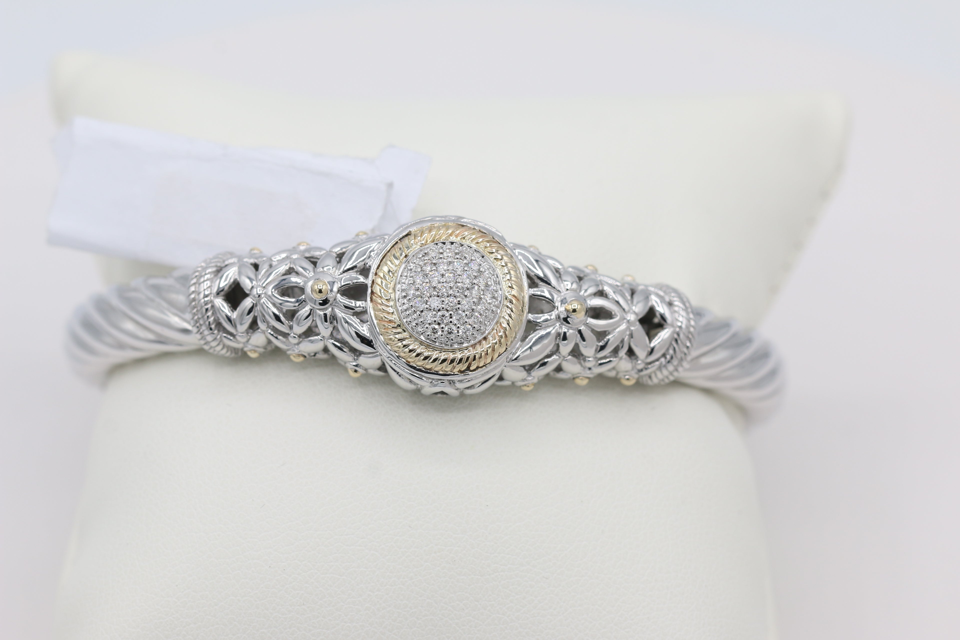 Two-Toned Diamond Cluster Bangle in 14KT Yellow Gold and Sterling Silver ( 1.4ct tw dia )