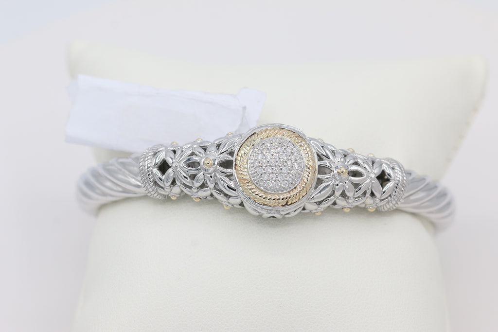 Two-Toned Diamond Cluster Bangle in 14KT Yellow Gold and Sterling Silver ( 1.4ct tw dia )