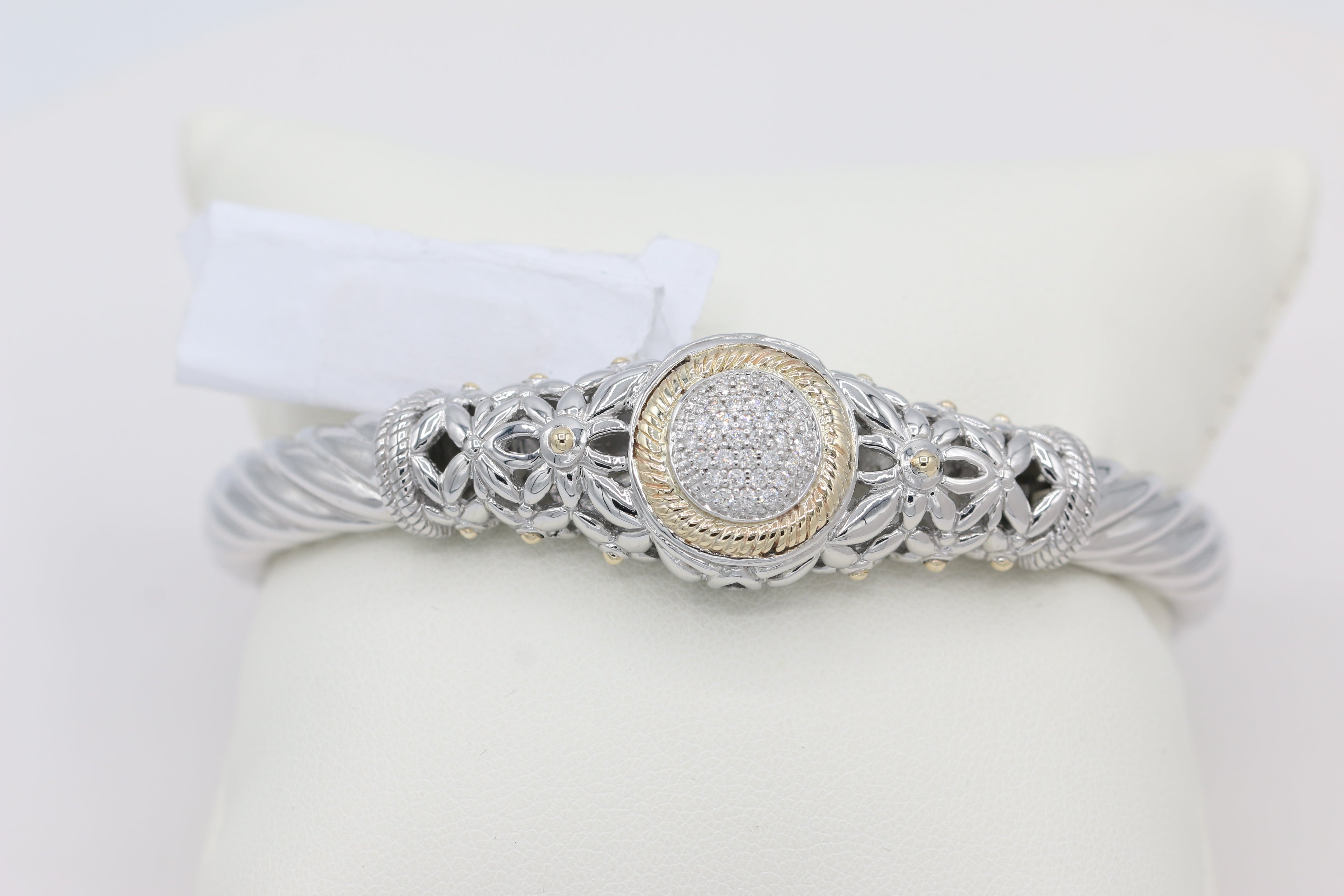 Two-Toned Diamond Cluster Bangle in 14KT Yellow Gold and Sterling Silver ( 1.4ct tw dia )