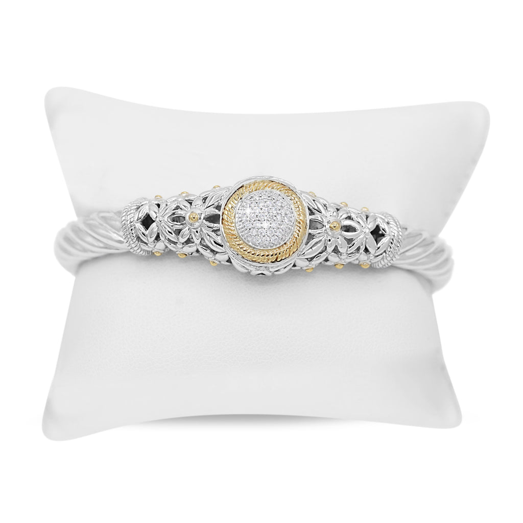 Two-Toned Diamond Cluster Bangle in 14KT Yellow Gold and Sterling Silver ( 1.4ct tw dia )