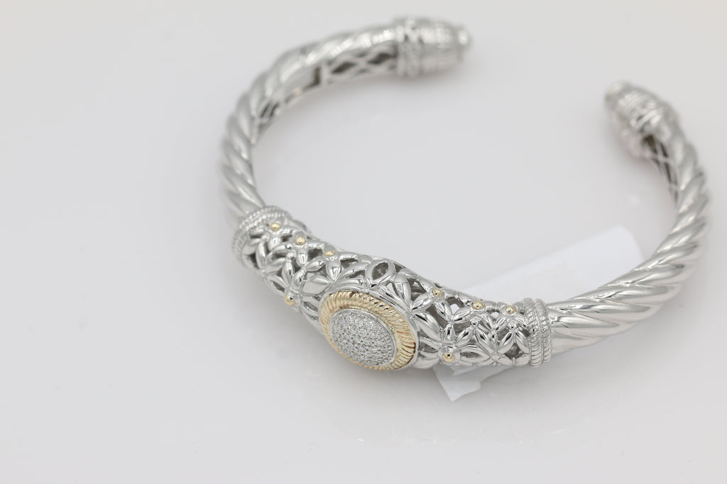 Two-Toned Diamond Cluster Bangle in 14KT Yellow Gold and Sterling Silver ( 1.4ct tw dia )