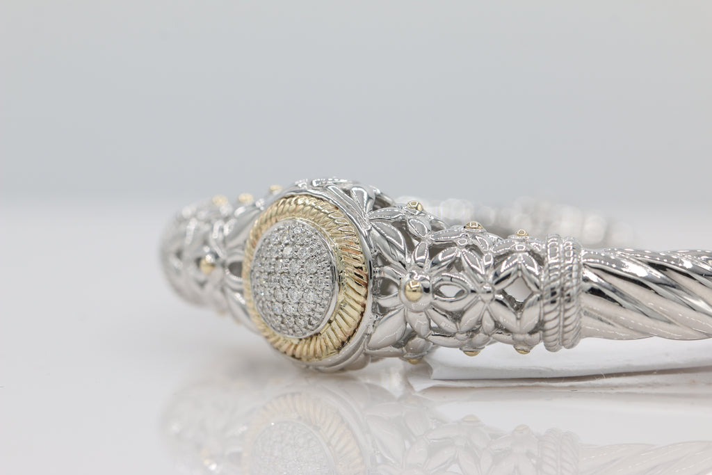 Two-Toned Diamond Cluster Bangle in 14KT Yellow Gold and Sterling Silver ( 1.4ct tw dia )