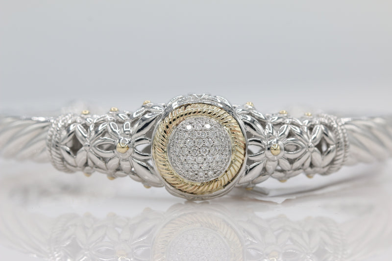 Two-Toned Diamond Cluster Bangle in 14KT Yellow Gold and Sterling Silver ( 1.4ct tw dia )