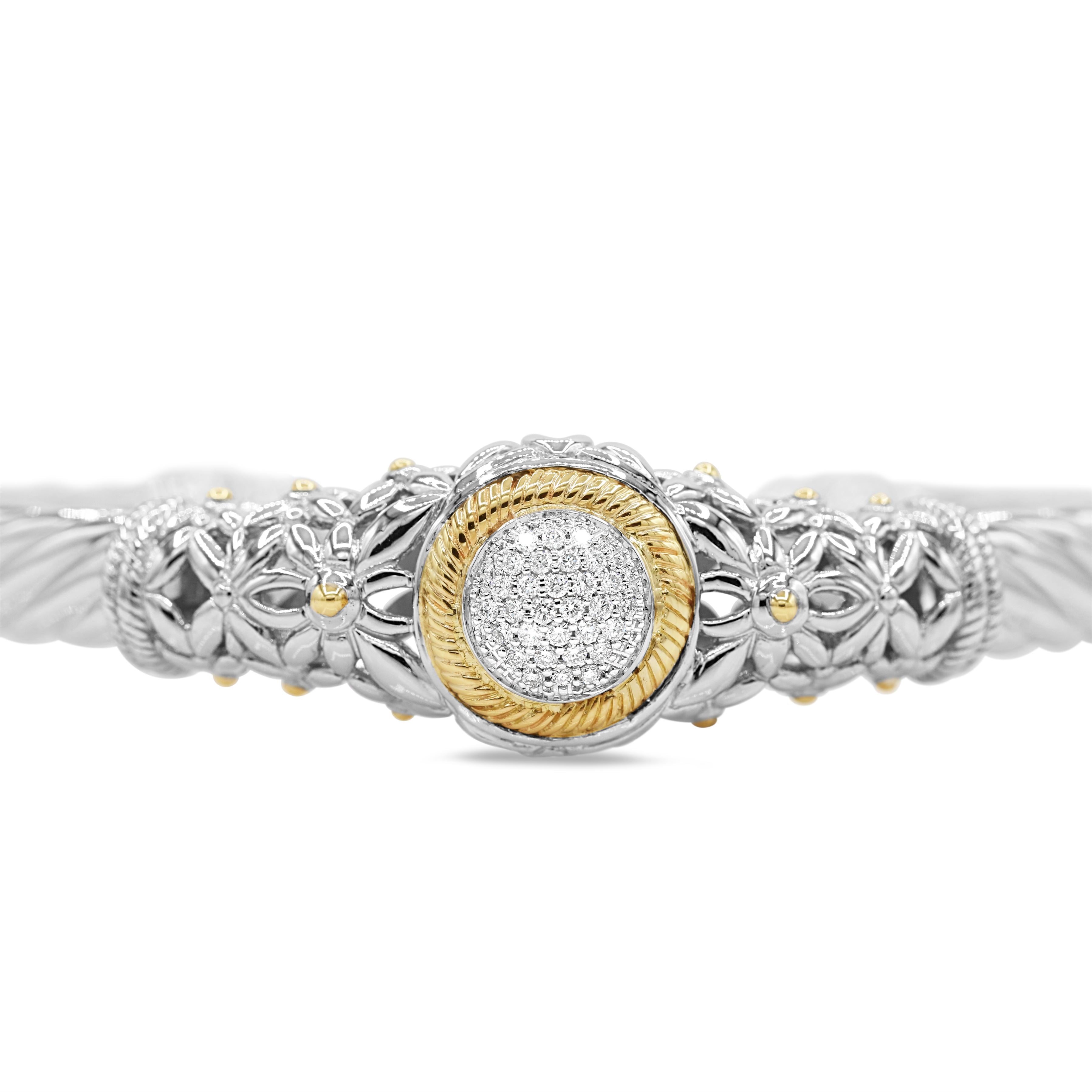 Two-Toned Diamond Cluster Bangle in 14KT Yellow Gold and Sterling Silver ( 1.4ct tw dia )
