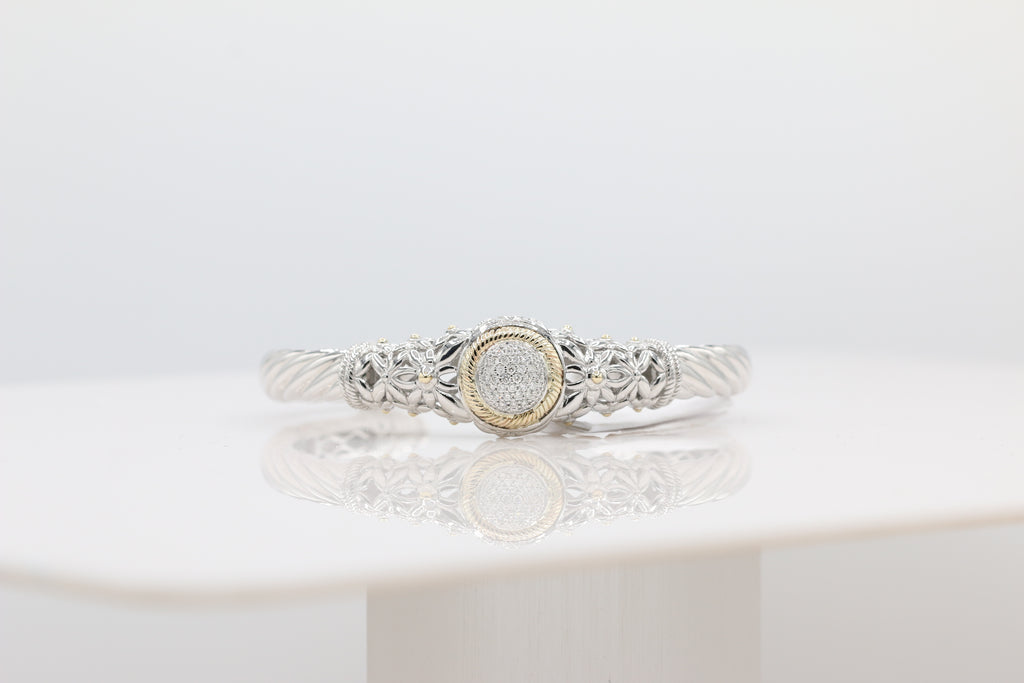 Two-Toned Diamond Cluster Bangle in 14KT Yellow Gold and Sterling Silver ( 1.4ct tw dia )
