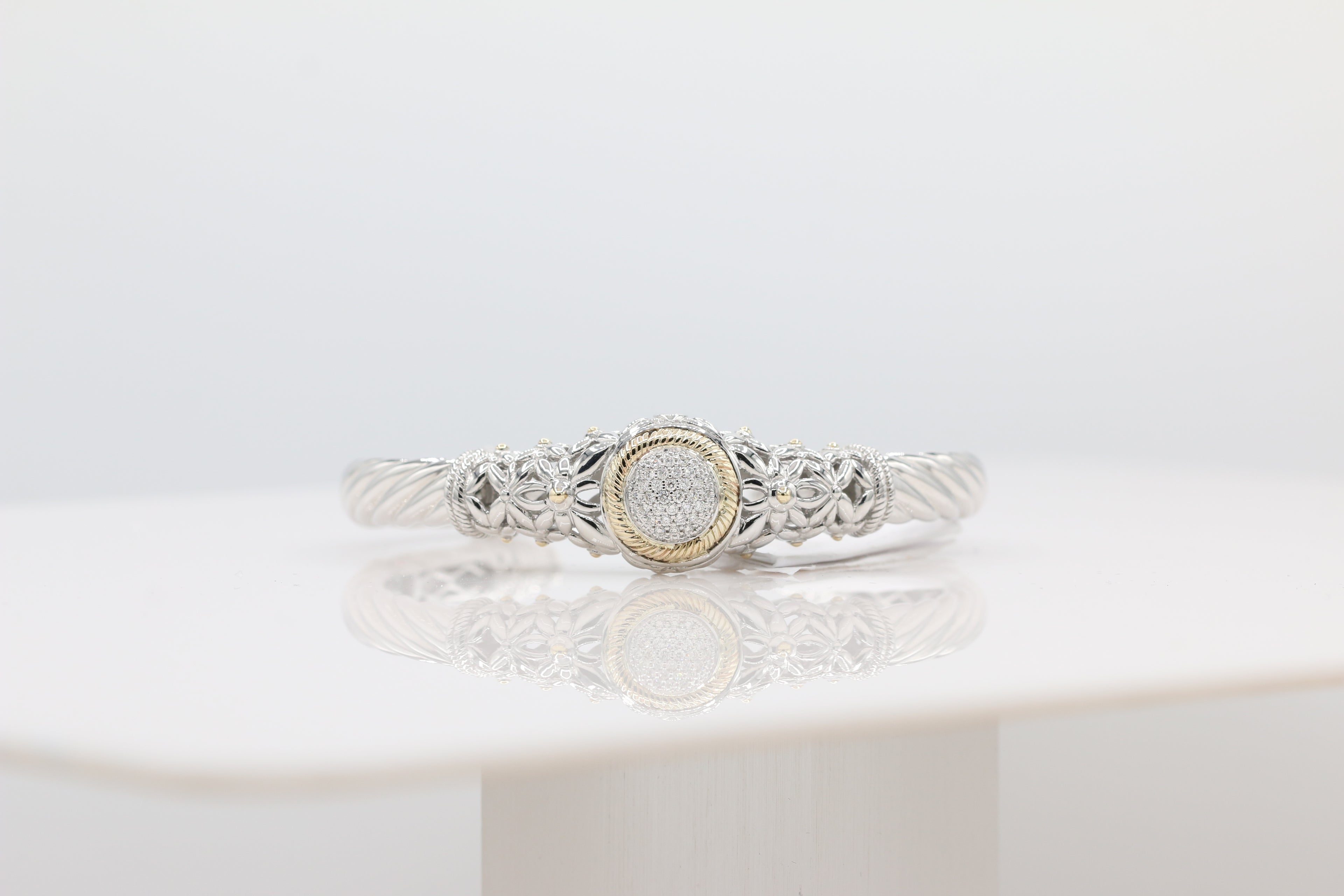 Two-Toned Diamond Cluster Bangle in 14KT Yellow Gold and Sterling Silver ( 1.4ct tw dia )