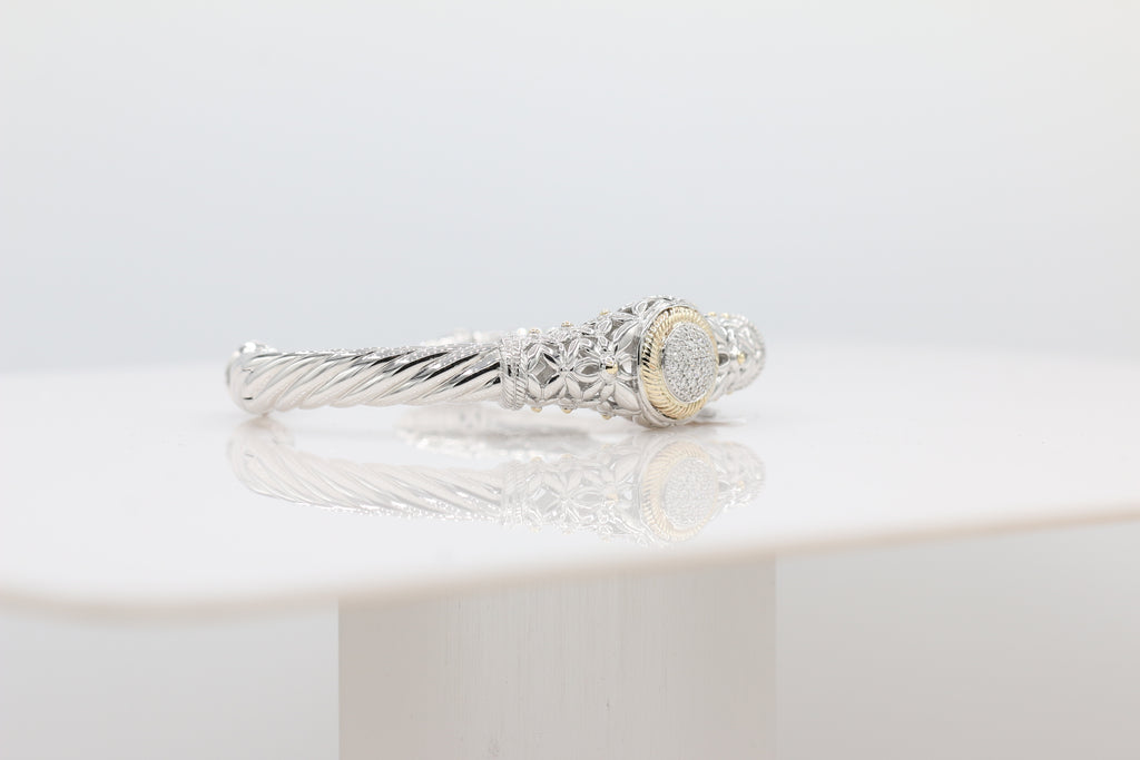 Two-Toned Diamond Cluster Bangle in 14KT Yellow Gold and Sterling Silver ( 1.4ct tw dia )