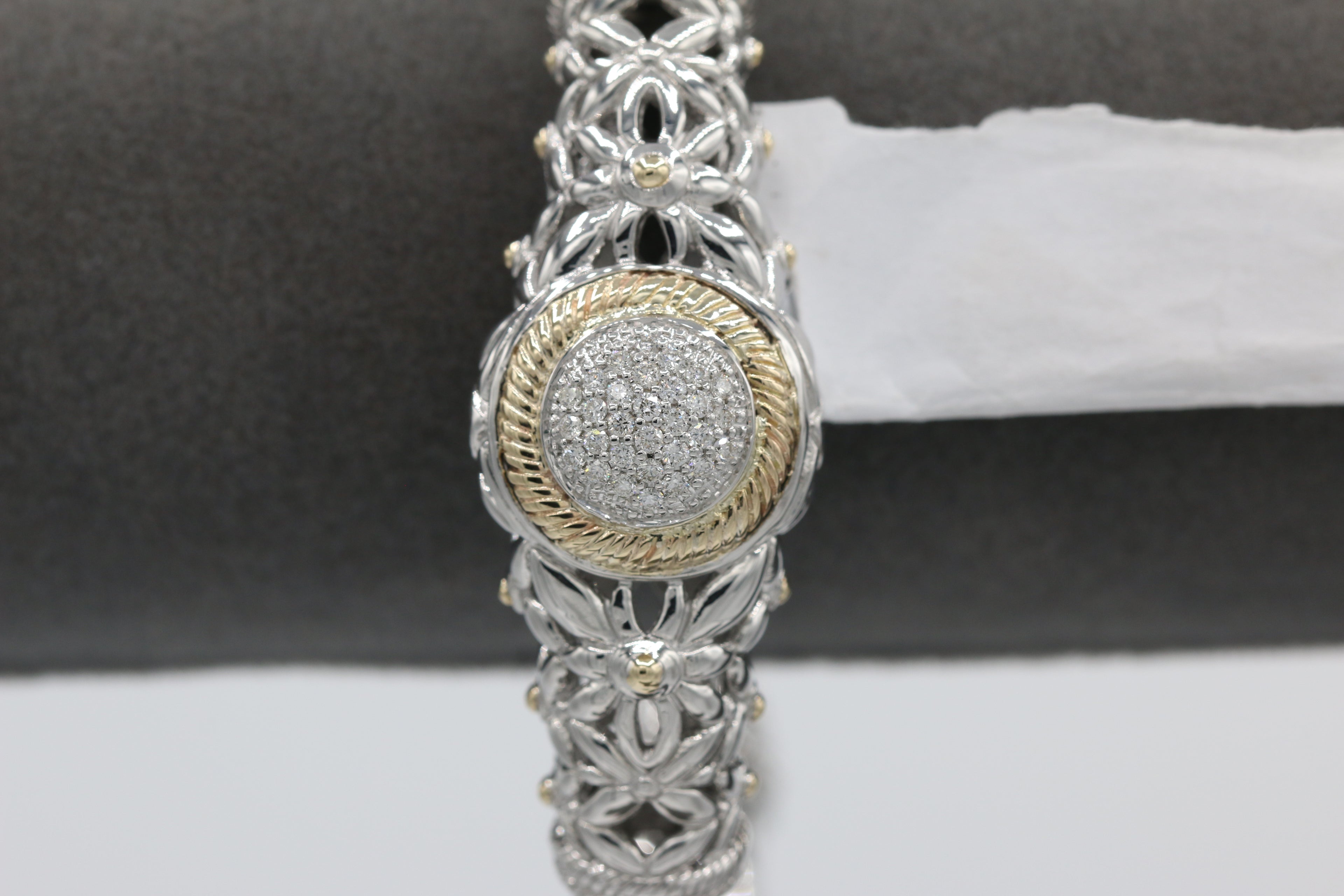 Two-Toned Diamond Cluster Bangle in 14KT Yellow Gold and Sterling Silver ( 1.4ct tw dia )