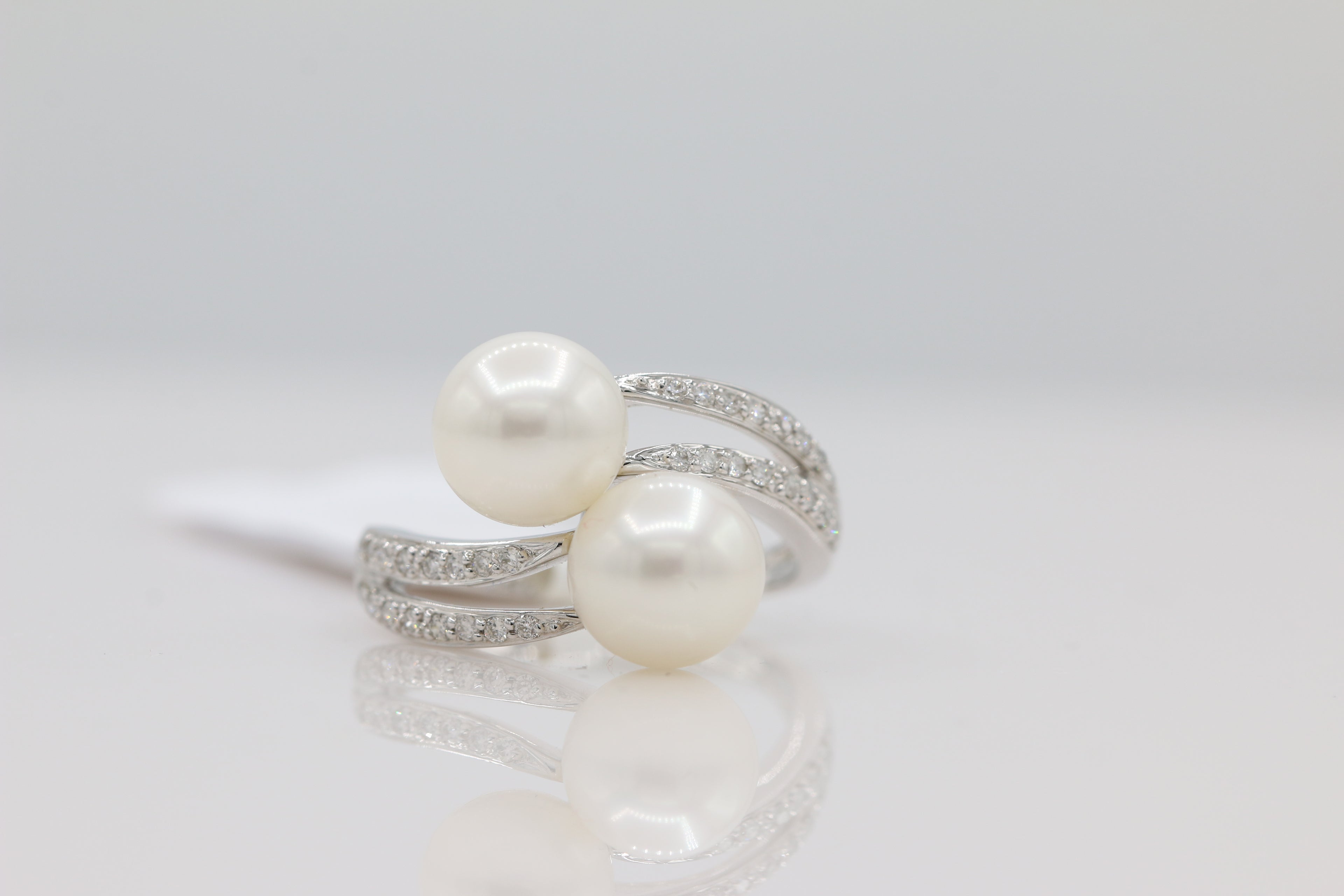 Pearl and Diamond Bypass Ring in 14KT White Gold