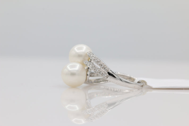 Pearl and Diamond Bypass Ring in 14KT White Gold