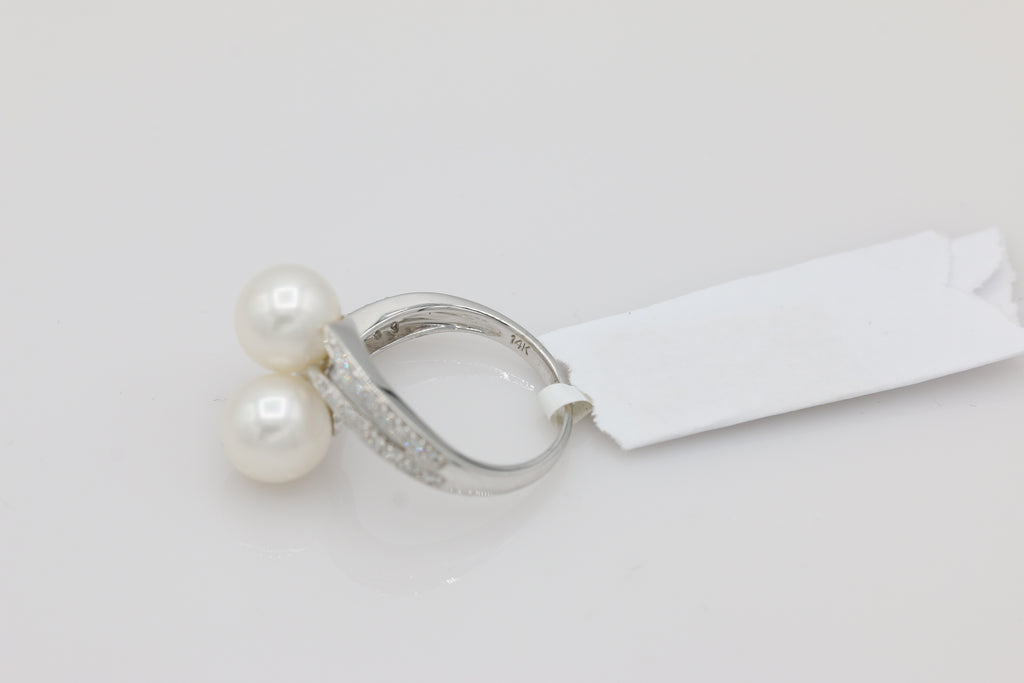 Pearl and Diamond Bypass Ring in 14KT White Gold