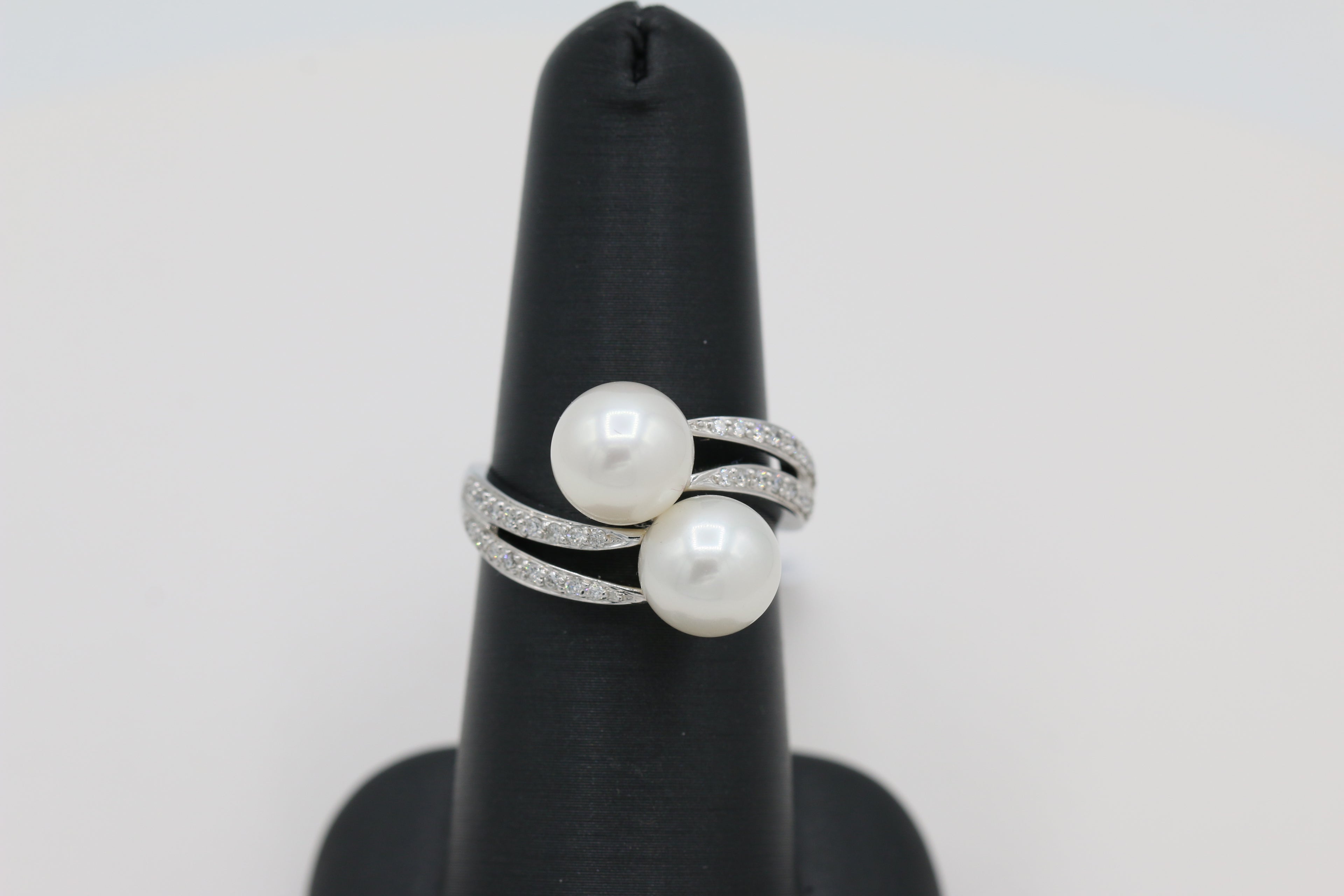 Pearl and Diamond Bypass Ring in 14KT White Gold