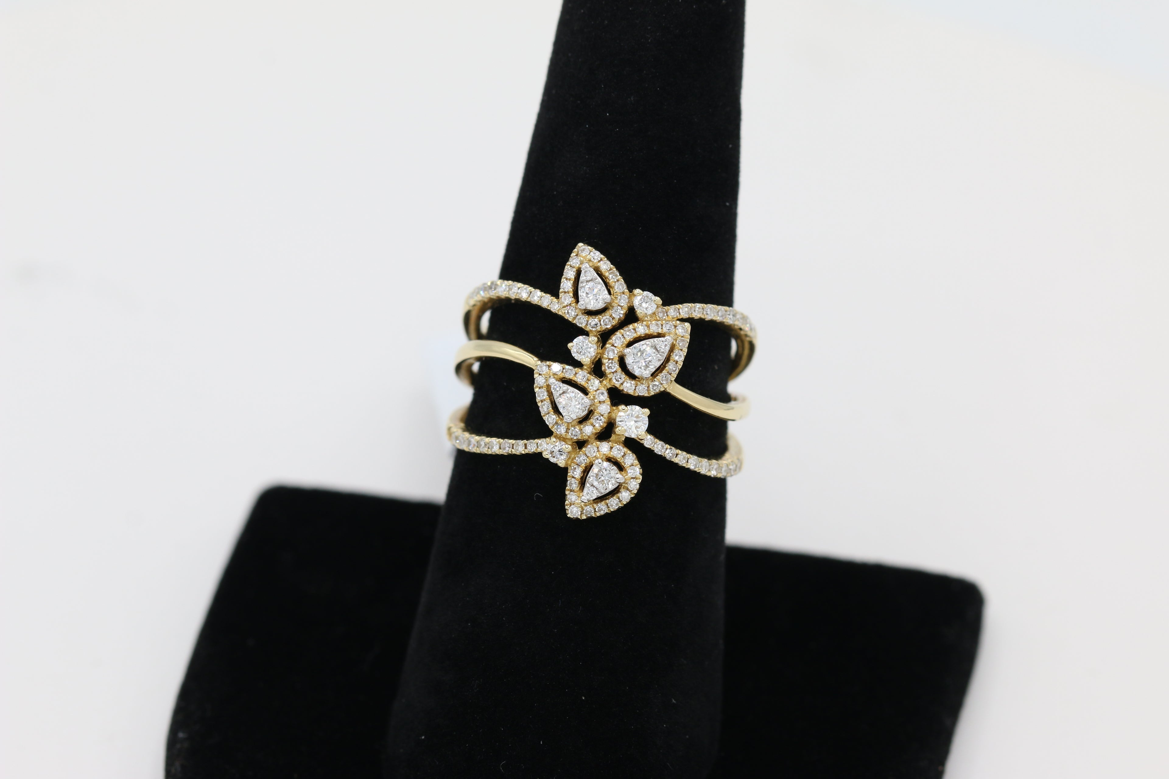 Diamond Pear Halo Triple Band Ring in 14KT Yellow Gold ( 0.50ct dtw )