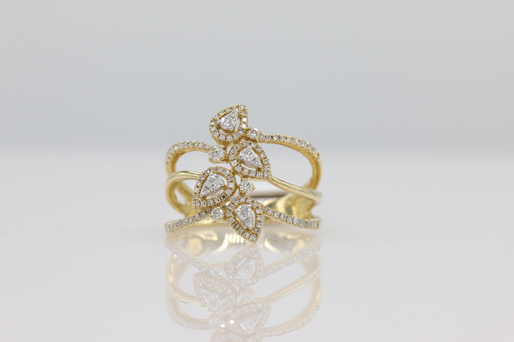 Diamond Pear Halo Triple Band Ring in 14KT Yellow Gold ( 0.50ct dtw )