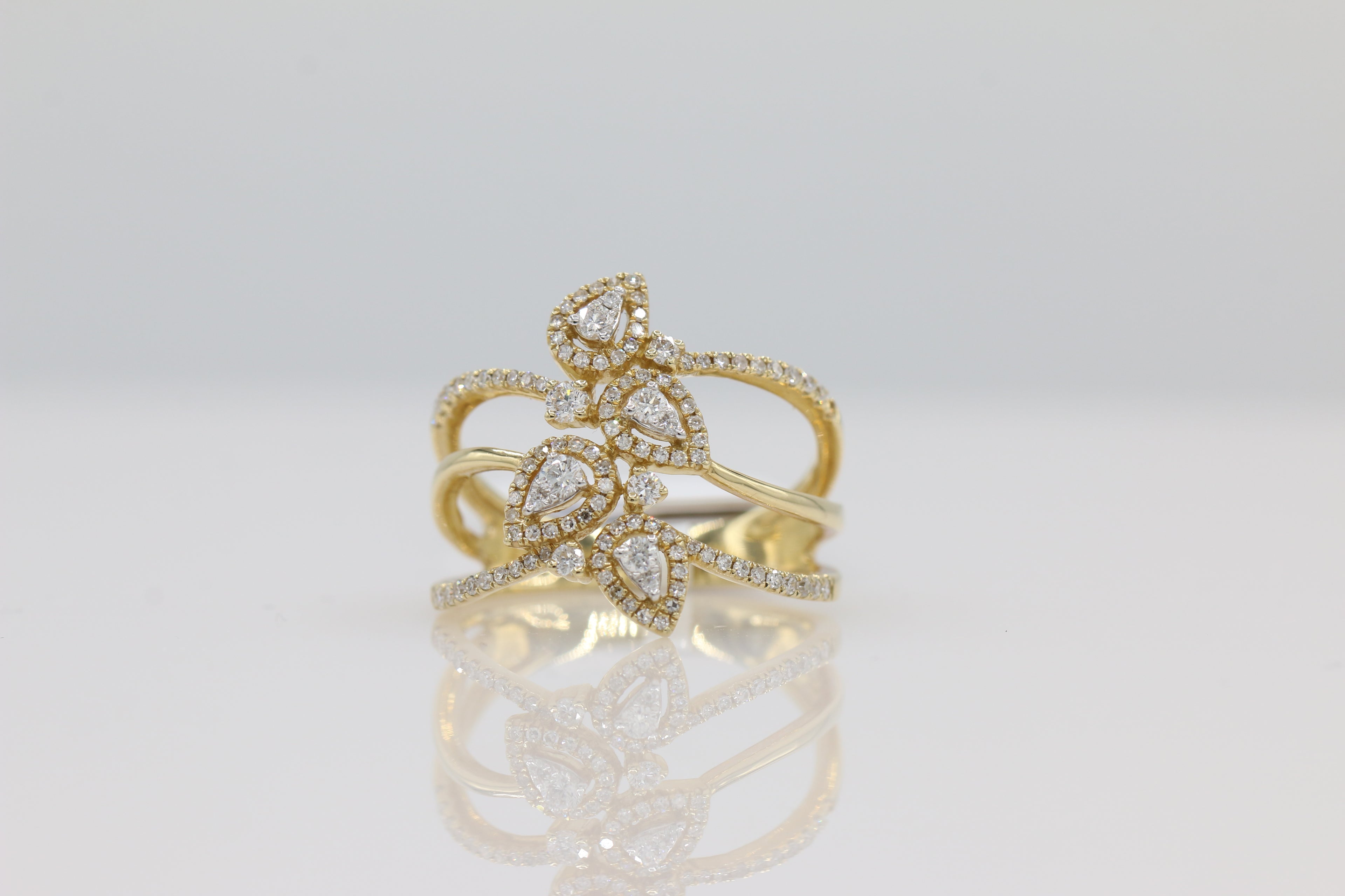 Diamond Pear Halo Triple Band Ring in 14KT Yellow Gold ( 0.50ct dtw )