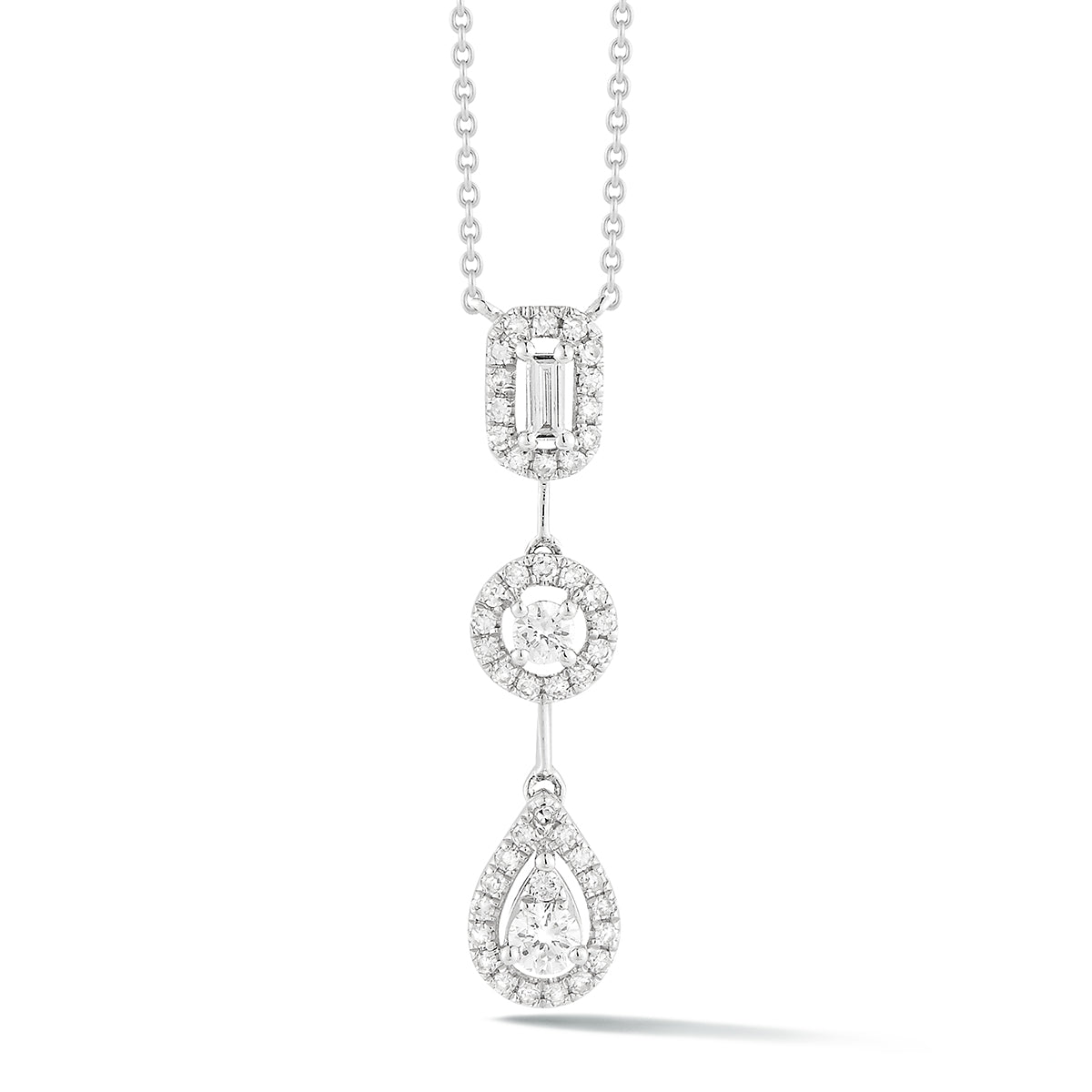 Baguette Drop Necklace with Pears, Rounds, and Rectangles-.26 Dia.