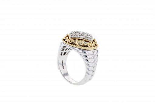 Solid 14K white gold ring with 0.75ct diamonds and 14K yellow gold accents.