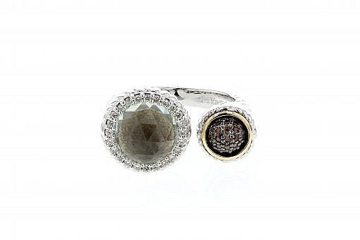 Italian Sterling Silver ring with  a green onyx and 0.33ct. brown and white diamonds surrounded by solid 14K yellow gold accent