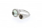 Italian Sterling Silver ring with  a green onyx and 0.33ct. brown and white diamonds surrounded by solid 14K yellow gold accent