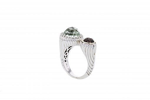 Italian Sterling Silver ring with  a green onyx and 0.33ct. brown and white diamonds surrounded by solid 14K yellow gold accent