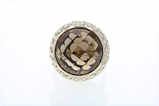 Italian Sterling Silver ring with 14K solid yellow gold accent and a smoky quartz center stone