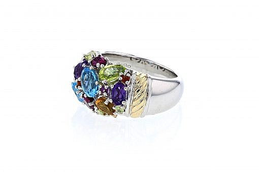 Italian Sterling Silver Ring with semiprecious stones totaling 3.42ct and 14K solid yellow gold accent
