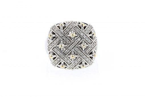 Italian sterling silver ring with 0.70ct H color VS diamonds and solid 14K yellow gold accents