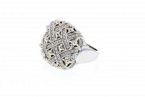 Italian sterling silver ring with 0.70ct H color VS diamonds and solid 14K yellow gold accents