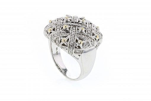 Italian sterling silver ring with 0.70ct H color VS diamonds and solid 14K yellow gold accents