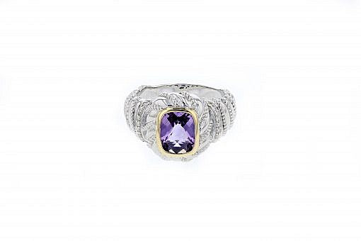 Italian sterling silver amethyst ring with 0.11ct diamonds and solid 14K yellow gold accents