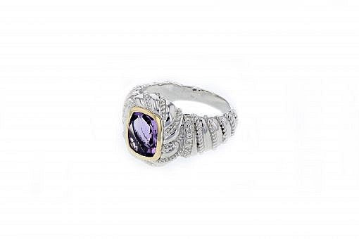 Italian sterling silver amethyst ring with 0.11ct diamonds and solid 14K yellow gold accents