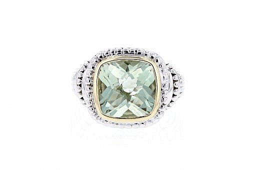 Italian Sterling Silver ring with 14K solid yellow gold accents and a 5.55ct. Mint Green Quartz center stone