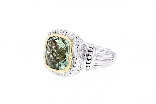 Italian Sterling Silver ring with 14K solid yellow gold accents and a 5.55ct. Mint Green Quartz center stone