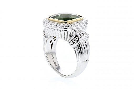 Italian Sterling Silver ring with 14K solid yellow gold accents and a 5.55ct. Mint Green Quartz center stone