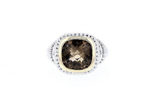 Italian Sterling Silver ring with 14K solid yellow gold accents and a 5.88ct. Smoky Quartz center stone