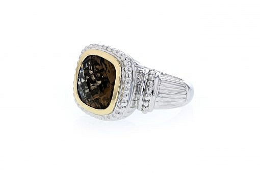 Italian Sterling Silver ring with 14K solid yellow gold accents and a 5.88ct. Smoky Quartz center stone