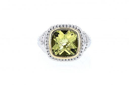 Italian Sterling Silver ring with 14K solid yellow gold accents and a 6.36ct. Lemon Quartz center stone