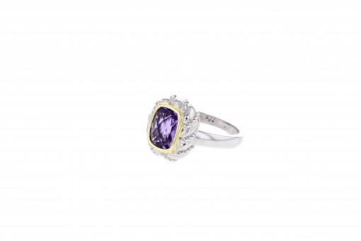 Italian Sterling Silver Ring with Amethyst center stone and 14K solid yellow gold accents