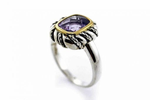Italian Sterling Silver Ring with Amethyst center stone and 14K solid yellow gold accents
