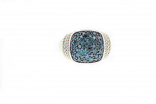 Italian sterling silver ring with 1.22ct blue diamonds and 14K solid yellow gold accent