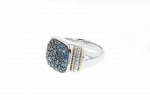 Italian sterling silver ring with 1.22ct blue diamonds and 14K solid yellow gold accent